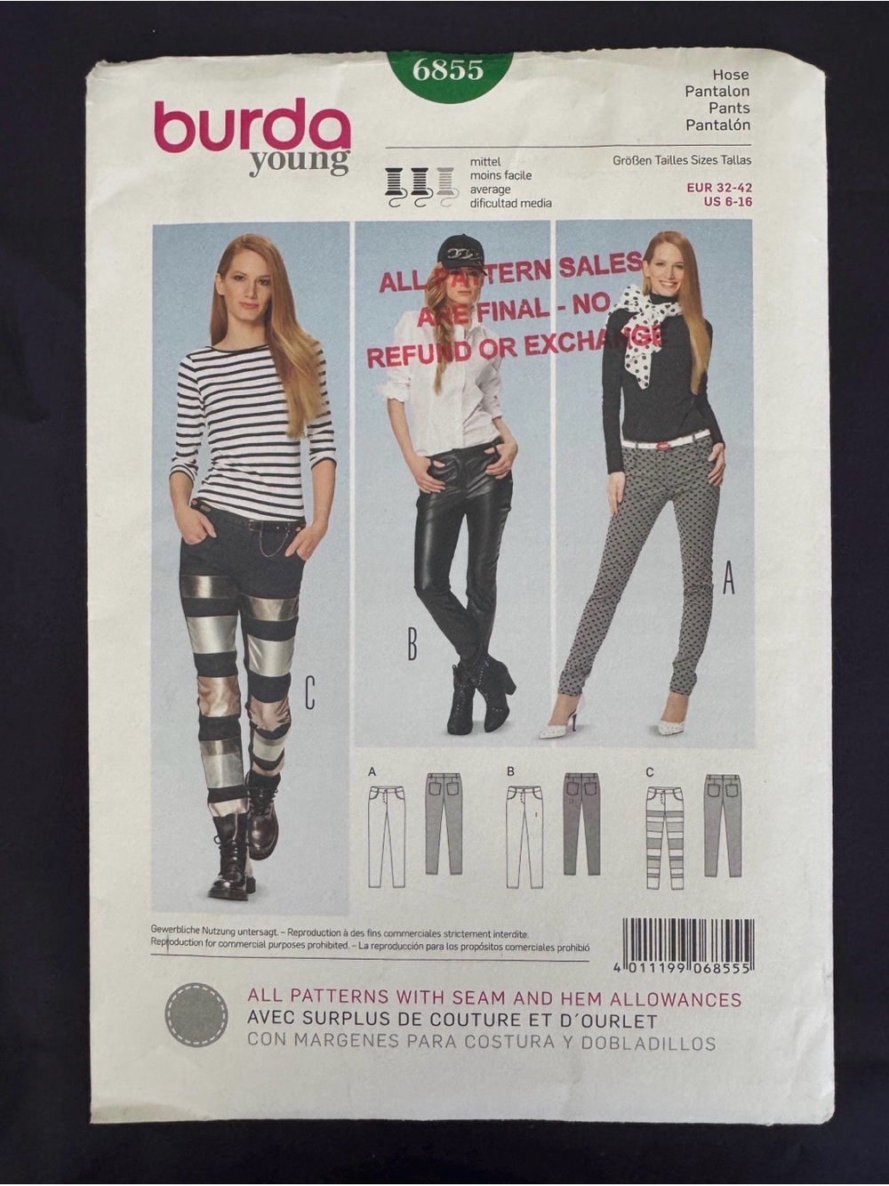 Burda B6855 This Sewing Pattern Includes Pants In Sizes 6-8-10-12-14-16
